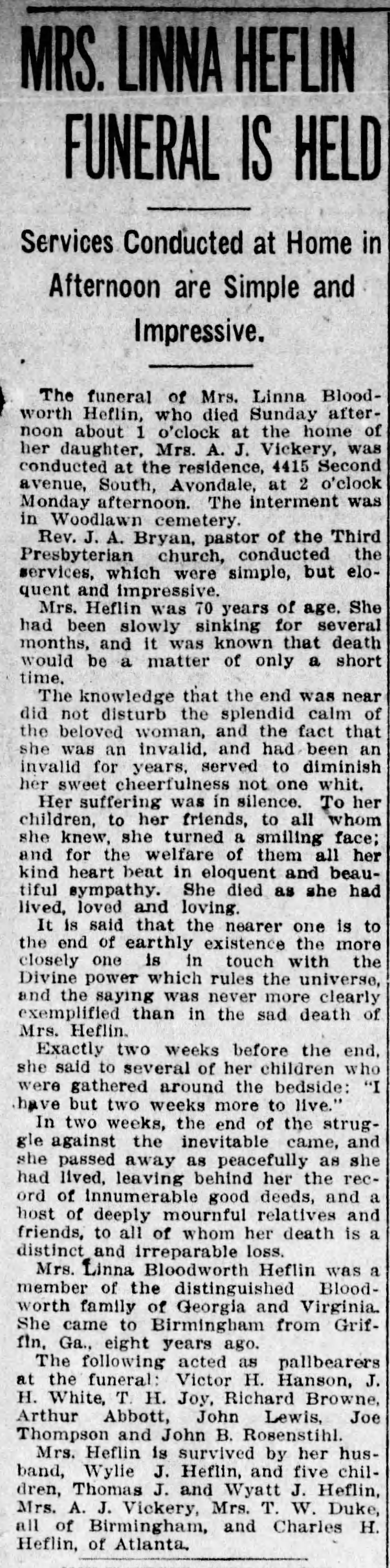 Linna Bloodworth Heflin obituary
